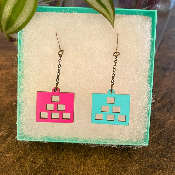 Reversible Pink Blue Wood Cutout Square Two Tone Earrings / Hand Painted / ๐๐ - Picture 1 of 4